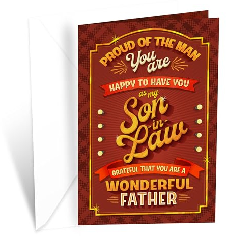 Prime Greetings Son In Law Father's Day Card, Made in America, Thick Card Stock with Premium Envelope Packaged in a Reusable Presentation Mailer, Eco-Friendly, 5in x 7.75in