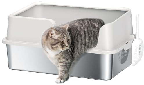 PawHut Lettiera per Gatti Grandi Bordi Rialzati 60x40x28 cm Grigio Chiaro | Paletta, Vassoio Antigoccia, Cassetta per Gatti, Acciaio Inox e PP