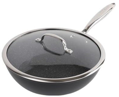 AIJUSSS Sartén wok de acero al carbono con tapa y fondo plano for cocinas de inducción. Sartén antiadherente for saltear, ideal for cocinas de inducción, eléctricas y de gas.(30cm)