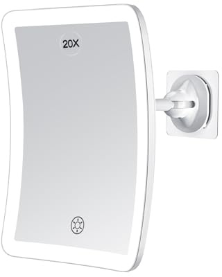 Famihomii 1X/20X Vergrößerung Schminkspiegel Mit Beleuchtung, Abnehmbar Kosmetikspiegel Mit Beleuchtung, Tragbarer Vergrößerungsspiegel Mit Saugnapf, 3-Farbiges Licht & Keine Dimmung, 360 Grad Spiegel