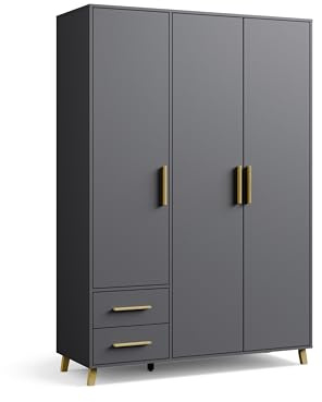 Rauch Möbel Shinjo, Kleiderschrank, Farbe Grau metallic, Breite 140 cm | Schrank, 3-türig, 2 Schubladen, mit Griffen und Füßen aus Massivholz, Zubehör Classic, für Schlafzimmer, Babyzimmer