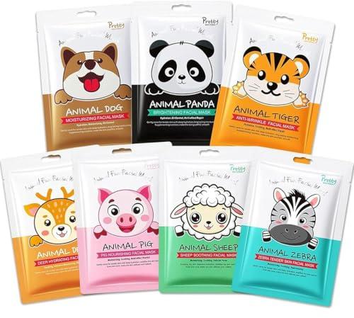 YOFDAL 7 Pièces Masque Visage Enfant,Masque Tissu Visage,Femme Avec Imprimé Animalier,Masques Hydratant Visages Pour Le Convient Filles Et Femmes,Sheet Mask Soin Visage Femme