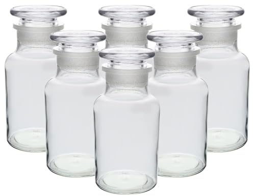 UNIQUE HOME LIVING UHL Apothecary Jar Set of 6 Reagent Bottles, 250ml Clear Glass Storage Jars with Lid, Vintage Reusable Container Refillable Bottles for Essential Oils, Bath Salts, Lotion, Perfume