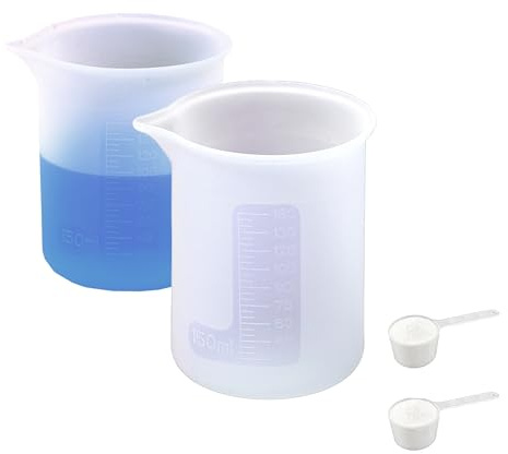 Waschmittel Dosierhilfe Set, 2 Stück Silikon 150 ML Messbecher Mit Skala und 2 Stück 50ML Messlöffel für Waschmittel, Waschkugel für Flüssigwaschmittel, Waschpulver Dosierer für Küche, Handwerk Labor
