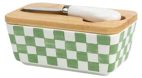 Butter Dish with Lid, Ceramic Butter Keeper with Wood Lid and Knife, Rustic Design for Countertop Storage and Kitchen Decor Gift (Chessboard)