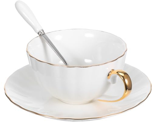HOMSFOU Juego de Taza de Café de Porcelana Ósea Borde Dorado, 220 Ml, Platillo, Contenedor de Bebidas Adecuado para Hogar, Cafetería y Obsequio Especial