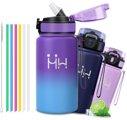 Gourde Isotherme - Bouteille Isotherme 500ml - Gourde Enfant - Thermos Avec 6 Paille - Double Isolation - Gourdes Inox - Facile à Nettoyer - Bouteille Thermos, pour École, Randonnée, Camping