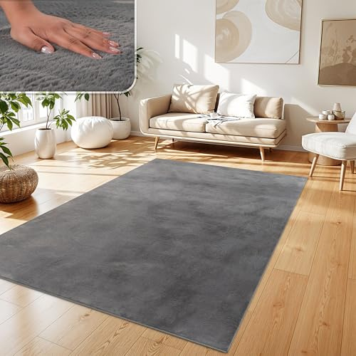 Paco Home Teppich Wohnzimmer Kunstfell weich waschbar modern elegant pflegeleicht Felloptik Uni Seidenglanz flauschig Hochflor, Grösse:120x160 cm, Farbe:Anthrazit