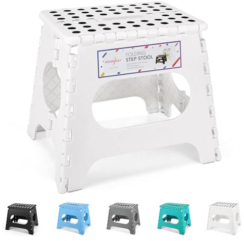 HOUSE DAY 11 Inch Folding Step Stool for Kids- Heavy Duty Plastic Step Stool for Adult Foldable Stools Sturdy Kitchen Step Skid Resistant Folding Stools for Bedroom/Bathrooom-White