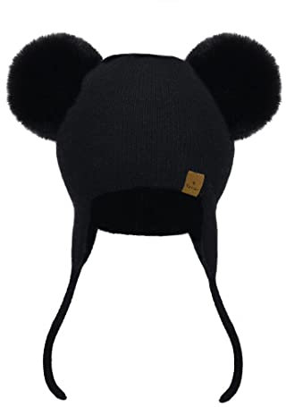 Upstar Kinder Beanie 100% Kaschmir Unisex mit Zwei Bommel für Winter Herbst Frühling Unisex (schwarz)