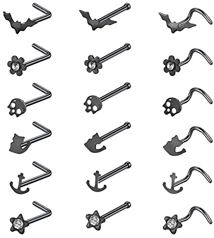 ZS 20 g Korkenzieher-Nasenringe, Chirurgenstahl, L-förmige Nasenstecker, Fledermaus-Schädel, Nasenknochen, Nasenpiercing, Schmuck für Frauen, Edelstahl