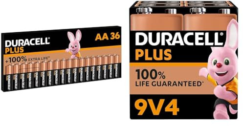 Duracell Plus AA Batteries (36 Pack) - Alkaline 1.5V - Up To 100% Extra Life - Reliability & Plus 9V Batteries (4 Pack) - Alkaline - 100% Life Guarenteed