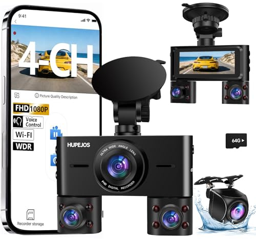 HUPEJOS 4 Channel Dash Cam Front and Rear Inside, 360° View Camera for Cars