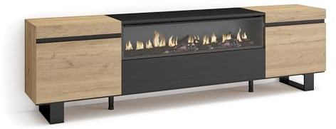 Skraut Home | TV-Schrank, Lowboard | für Wohnzimmer und Esszimmer | 200x57x35cm | Für TV-Geräte bis zu 80 | Elektrokamin. Maße | Industriedesign | Moderner Stil | Eiche Schwarz
