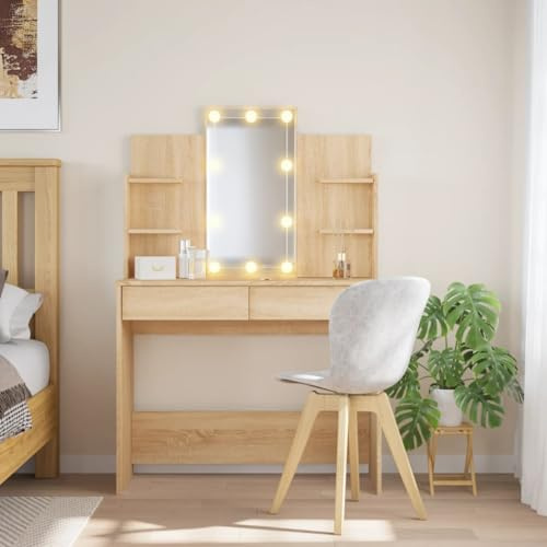 Homgoday Toeletta con Luci LED Rovere Sonoma 96x40x142 cm, Toeletta Trucco, Tavolo da Trucco, Sgabello Toeletta Trucco, Mobile Trucco, Toilette Trucco con Luci