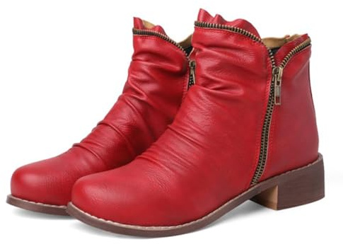 CRETUAO Botines de tacón bajo y Grueso para Mujer,Cómodos Botines de Invierno con Cremallera Lateral y Punta Redonda,Zapatos de Vestir Casuales de Cuero Vintage,Rojo,39 EU