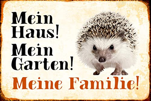 DekoDrom® Holz Schild 20x30 cm Mein Haus Mein Garten Meine Familie Igel Tierliebe Spruch Tafel Zwerg Wand Deko Bar Kneipe Cafe Sammler Geschenk