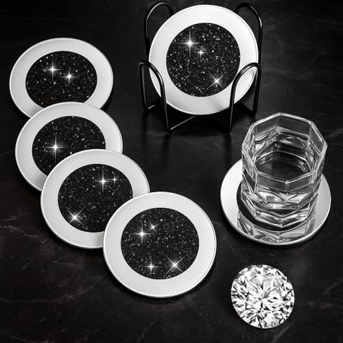Jetec 6 Pcs Mirrored Glass Coasters with Holder, Bling, Black, 4 Inch | Crystal Rhinestone Design, Round Cup Mat, Crushed Diamond Christmas Table Decor, Bar and Kitchen Use, Housewarming Gift