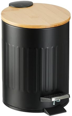 Relaxdays Pattumiera Bagno a Pedale 3 L, Cestino con Secchio Rimovibile e Coperchio Ammortizzato, Ferro e bambù, Nero