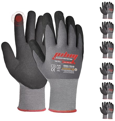 Pilim Microfoam Nitrile Safety Gloves Work Gloves - 6 Pairs Size 9/L with Secure Grip Gloves Ideal for Mechanics, Construction and Gardening - Available in 3, 6, or 12 Packs