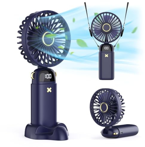LapEasy Portable 3 in 1 Handheld/Neck/Desk Mini Fan, 5200mAh Battery Operated With LED Display, 5 Speed Personal for Travel, Makeup, Eyelash - Stylish for Kids, Girls, Women