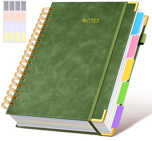 Hardcover Spiral Notebook journal with Removable Dividers Tabs, 300 Pages Leather 5 Subject Notebook College Ruled, 8x10 Large B5 Notebooks for Work School Note taking, Lined Journal for Women,Green