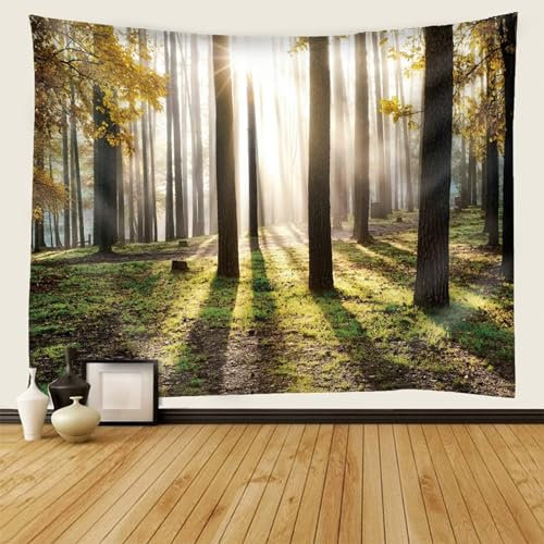 Mesnt Wandteppich Natur Wald, Natürliche Bäume und sonnig Wandteppich für Schlafzimmer Wohnzimmer, 300x256cm