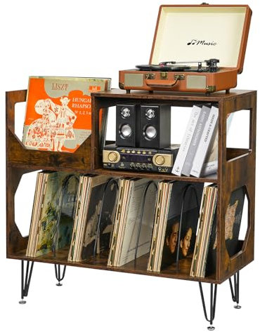 ikkle Large Rustic Record Player Stand, 2 Tier Record Player Table with Vinyl Record Storage, Vinyl Record Storage Cabinet with Metal Legs, Turntable Stand for Living Room, Bedroom, Holds 370 Albums