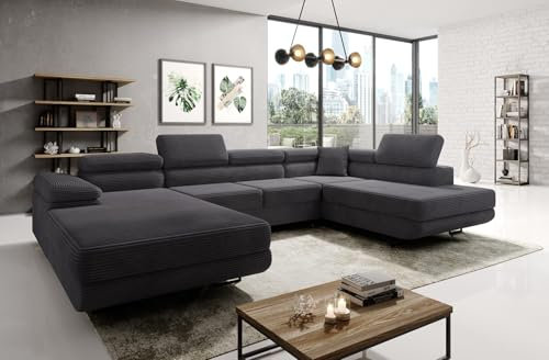 Easy4You Graphite Ecksofa Varberg Kord in U-Form 345 x 72 x 205 cm mit Schlaffunktion und Bettzeugbehälter - Schlafsofa mit Bettkasten - Rechts - Eckcouch mit Stauraum - Stoff: Kord Poso 34