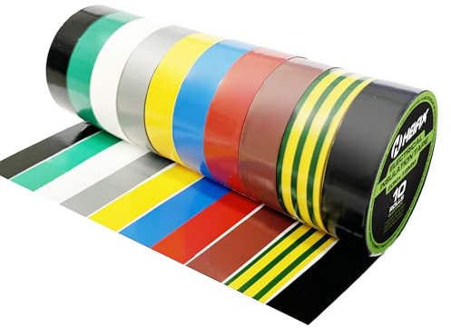 Heifix Premium Electrical Insulation Tape Set In Storage Box 20m x 19mm (Pack Of 11) - Black (x3), Green, White, Grey, Yellow, Blue, Red, Brown, Earth