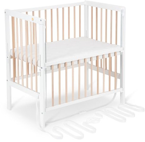 FabiMax Baby Beistellbett für Boxspringbett Flex Weiß/Natur, stufenlos höhenverstellbar, Buchenholz massiv, naturbelassen, inkl. Matratze Comfort
