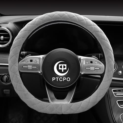 PTCPO Weicher Auto-Lenkradbezug für Limousine, SUV, warmer Luxus-Samt, geruchlos, universell, rutschfest, Sommer, Winter, grau, D-Form (flache Unterseite)