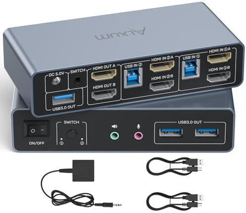 Alxum Commutatore KVM HDMI per 2 monitor e 2 computer - 4K60Hz, display esteso HDMI/specchio, con 3 porte USB 3.0 Supporta il controllo del cavo da tavoloInclude 2 cavi USB3.0