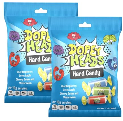 Dopey Heads | HALAL | Assorted Hard Candy | Five Flavours | Blue Raspberry | Apple | Cherry | Grape | Watermelon | Pack of 2 | Weight 198g (7 oz) Each (Assorted Hard Candy)