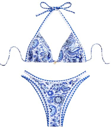 Byfinecany Bikini för dam, baddräkt med blommig tryckt, grimma med paisleymönster, somrigt bikiniset, Mörkblått, XS
