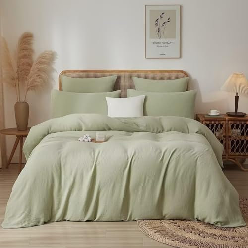 Luowei Muslin Bettwäsche 135x200 cm Baumwolle Grün Doppelte Bettwäsche Set Natürlich Atmungsaktiv Schweiß 100% Baumwolle Bettbezug für Nachtschweiß mit 1 kopfkissenbezug 80x80cm