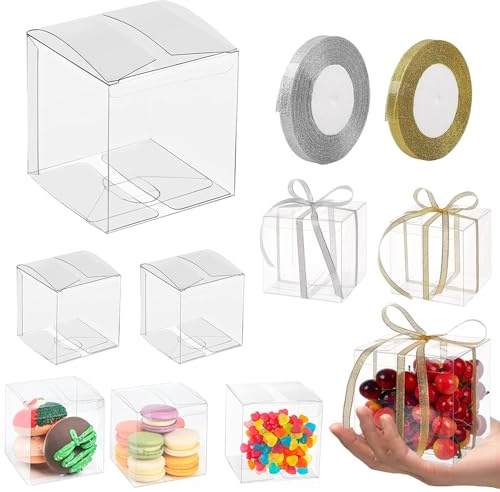 Geschenkbox Durchsichtig Klein, 30 Stück 5 x 5 x 5 cm Transparente Geschenkbox, Clear Faltbar PVC Transparente Cube Geschenkboxen mit 2 Rollen Gold Silberbändern für Hochzeiten, Partys, Geburtstage