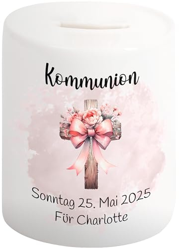 True Statements Spardose „Kreuz“ personalisiert mit 3 Zeilen Wunschtext - Geschenk Taufe Kommunion Firmung Konfirmation - Sparbüchse für Mädchen mit Datum & Namen (Blumen, Schleife)