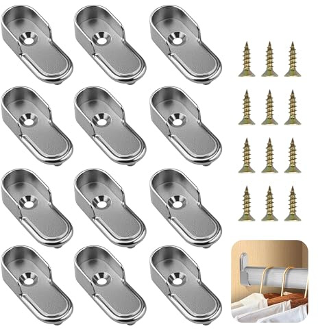 Kleiderstange Halterung, 12 Stücke Schrankrohrhalter Oval mit Schrauben, Silber Garderobe Stangen Halterung, Metall Kleiderstangenhalter für Ovalstange Stahl vernickelt