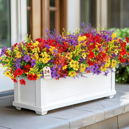 SHareconn 24 Bündel Künstliche Blumen Outdoor Deko, Kunststoff Frühlingsgras Veilchen mit Lavendel, UV-beständige Kunstpflanzen für Garten Hochzeit Vase, Rot/Gelb/Lila