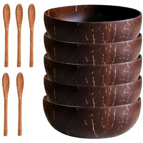 Dbvnnsy 5pcs Bols de polis et 5 cuillères en bois, 5, 1 ″ Éco-Friendly & Acai Bowl Kitchen Decor Cadeaux pour salade biologique végétalienne, petit-déjeuner et poke bols