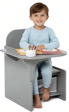 MeJa Kids Table & Chair Set, Children's Wooden Writing Desk Set with Storage Bin, Junior Toddler Study Table & Chair for Ages 3+, 2 in 1 Children's Furniture Boys & Girls Gift, Gray
