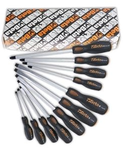 Beta 1243/S11 – Jeu de 11 tournevis plats et cruciformes, tête en acier, manche bi-matière Evox – outils robustes pour l’atelier et les travaux lourds