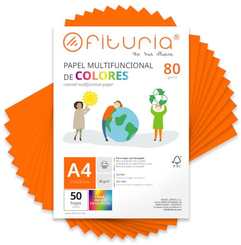 OFITURIA Papier Couleur A4 80g, 50 Feuilles - Loisirs Créatifs, Imprimante, Origami, Scrapbooking, École (Orange, 50h)