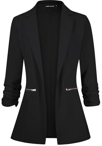 MINTLIMIT One Button Blazer for Women Notched Collar Suit Jacket 3/4 Sleeve Blazers Jackets Zipper Pockets (Black M)