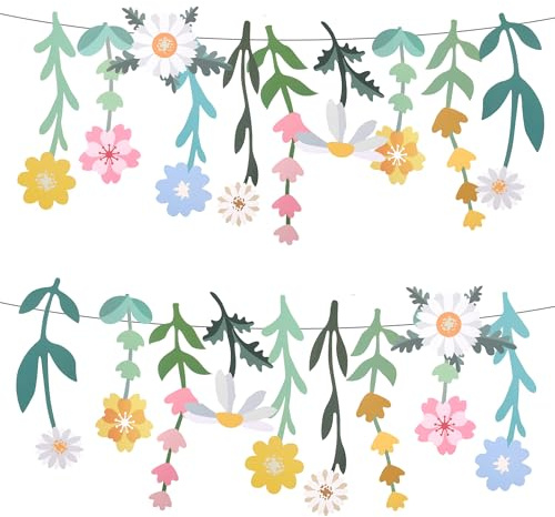 Blumen Girlande, Wildblume Deko Banner für Geburtstagsdeko Blumen in vielen Farben Gänseblümchen Girlande Doppelseitiges Muster mit Jute-Seil für Einschulung Deko, Babyparty Deko, Gartenparty Deko