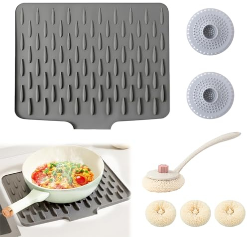 Asheyya 4 Pcs Silicone Dish Drying Draining Mat Set, Non Slip Heat Resistant Folding Drainer Mat for Kitchen Counter Sink Table (Grey)