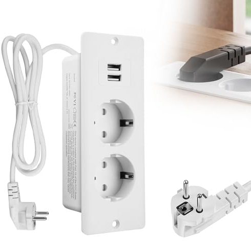 XUXLEKK Prise Encastrable de Table avec 2 USB, Prise Encastrable Plan de Travail, Multiprise Intégrée 2 Prises avec câble de 2 m, Multiprise Encastrable de Table pour Meuble ou Plan de Travail