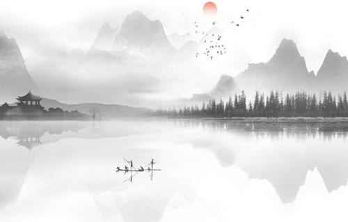skdhlifpj Papier Peint Panoramique 3d Paysage Noir Et Blanc 300cmx210cm | Tapisserie Murale intissé Zen Nature Montagne Océan Forêt Salon Chambre Adulte Enfant Décoration Mural