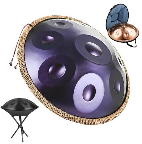 Handpan Instrument for Adults, Handpan Drum Set 22 Inches D Minor Kurd, Hand Pan Steel Drum with Stand 432Hz/440Hz 9/10/12 Notes Percussion Instrument for Performance(Deep purple,432HZ/10Note)
